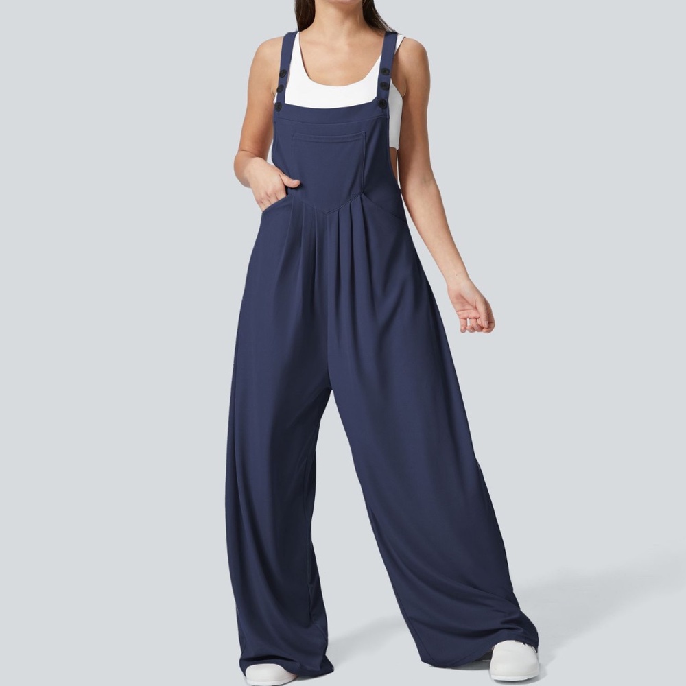 Halara NWOT Waffle Casual Dungarees w/ Pockets Color Dark Blue Size Small - Picture 3 of 11